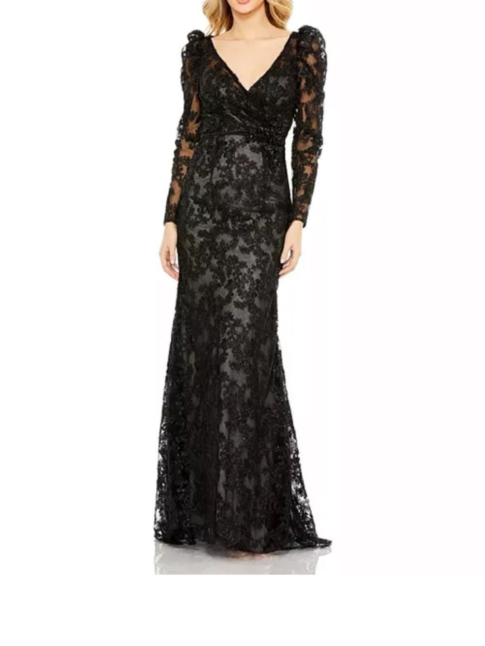 NWT Mac Duggal Sz 12 Elegant Black Lace Long Sleeve V-Neck Evening Gown 11324